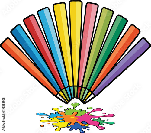 Colorful pencils fan burst with rainbow paint splash vector for kids art school design and creativity

