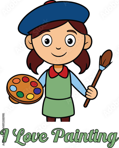 Cute girl artist cartoon with brush and palette and I Love Painting text on white background

