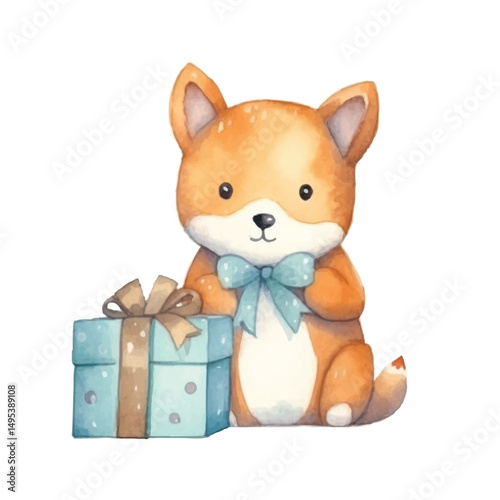 Adorable Fox with a Gift Watercolor Style
