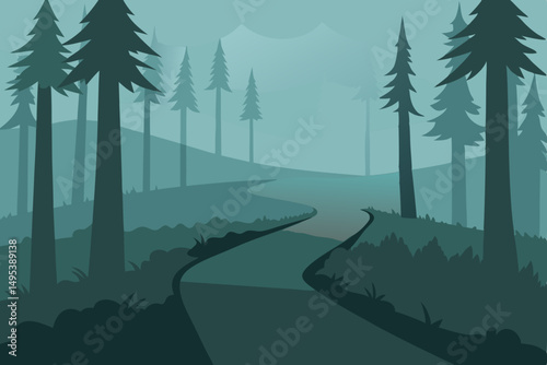 forest trail disappearing into thick morning fog  .svg