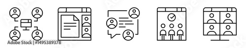 Conjunto de iconos de trabajo en equipo online. Colaboración digital, comunicación y productividad remota. Conexión entre usuarios, documento compartido, chat grupal, equipo aprobado, videollamada