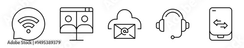 Conjunto de iconos de comunicación remota. Conectividad, mensajes y reuniones online. mensajería, videollamada, almacenamiento de email, soporte, interacción móvil. Ilustración vectorial