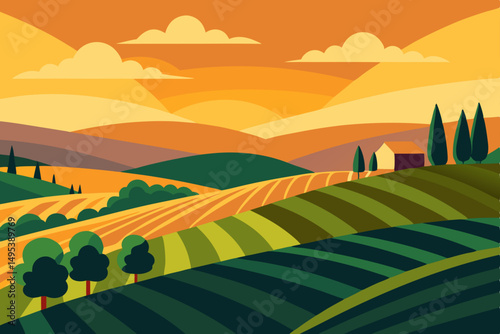 golden hour view over vineyards and rolling fields