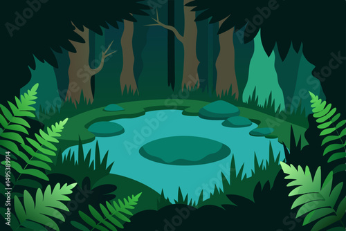 hidden forest pond surrounded by ferns and moss   