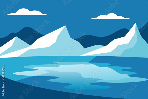 icy lake with distant snowy peaks under a cloudy s.svg