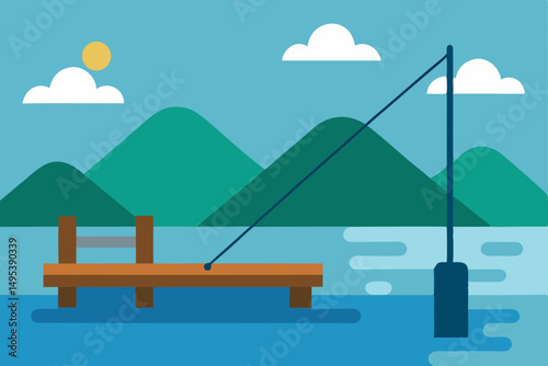 lakeside dock with a fishing pole resting beside 