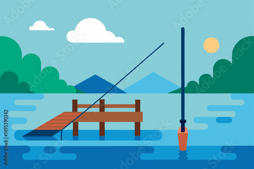 lakeside dock with a fishing pole resting beside i.svg