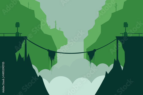misty gorge with hanging bridges and mossy rocks  