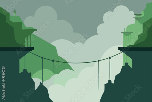 misty gorge with hanging bridges and mossy rocks  .svg