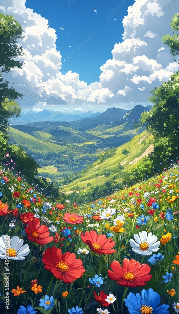 Fototapeta premium Mountain Valley Flower Field; Scenic View; Peaceful Landscape; Background Forest; Use Stock Photo