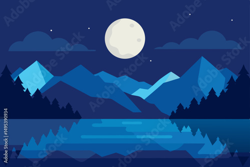 moonrise over calm mountain lake  