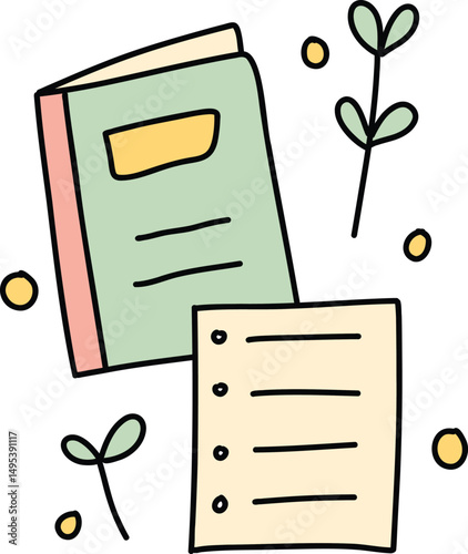 Cute Notebook and List Page Vector Illustration - Hand Drawn Pastel Style Stationery and Planner Design