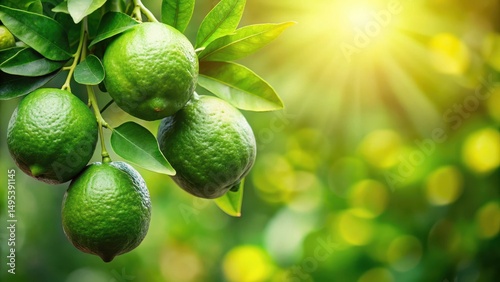 Green lime branch with lush foliage and vibrant green fruit hanging from it, fresh produce