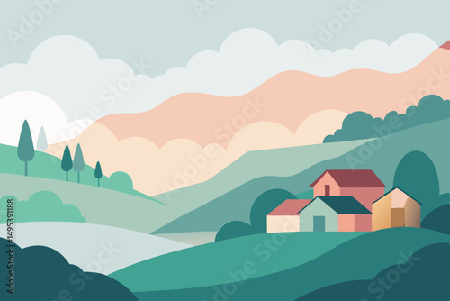 morning mist over a quiet village in the valley  .svg