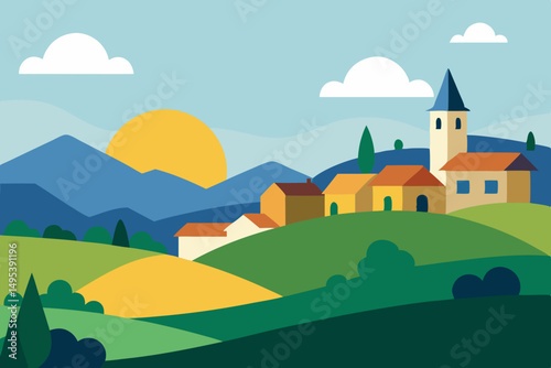 morning view over a village nestled in the hills  .svg