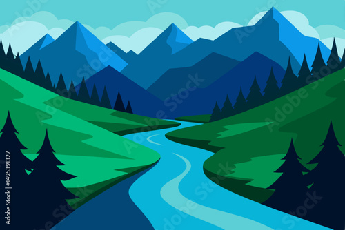 mountain river flowing through a dense evergreen 