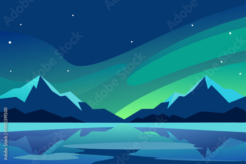 northern lights over a frozen lake and mountains  .svg