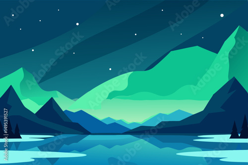northern lights over a frozen lake and mountains 