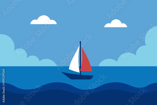 ocean horizon with soft clouds and sailing boat 