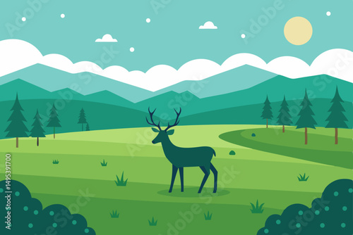 open meadow dotted with grazing deer  .svg
