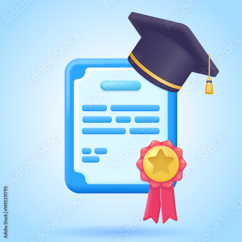 Graduation diploma in blue color with academic cap in  3d style for education and achievement theme – 3d vector illustration. Isolated vector icon. Front view