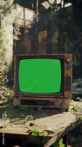 Old TV with green screen and copy space vertically 9:16