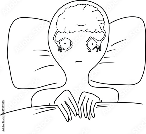 Funny Insomnia Brain Vector Illustration - Awake in Bed with Overthinking Mind in Doodle Style