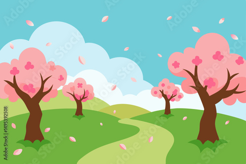 peaceful orchard in bloom with gentle falling peta.svg