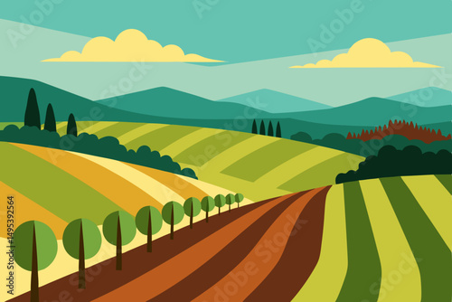 peaceful vineyard stretching across rolling terrai.svg