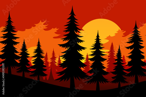 pine trees silhouetted against a burning sunset 