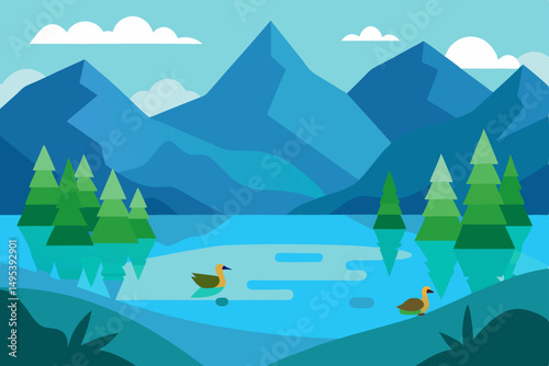 quiet mountain lake with wild ducks gliding  .svg