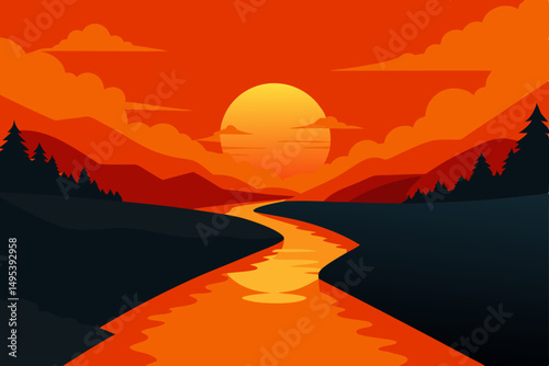quiet river reflecting a vibrant orange sunset  .svg