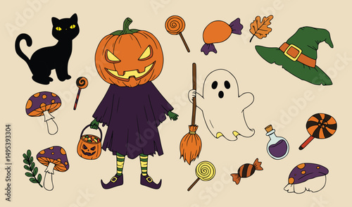 Halloween cartoon illustration set with colorful pumpkin scarecrow, friendly ghost, black cat, and festive candies for decoration