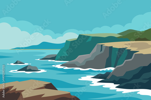 rocky coastline with tide pools and crashing waves.svg