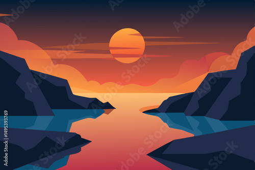 rocky inlet with calm water and glowing sunset  .svg