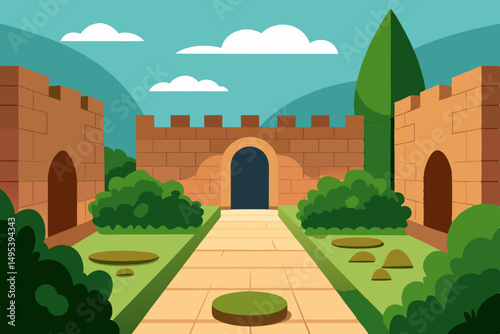 secluded garden courtyard with ancient stone walls.svg
