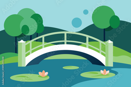 serene bridge over a lily filled pond in a quiet