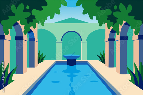 shaded garden courtyard with flowing water and 