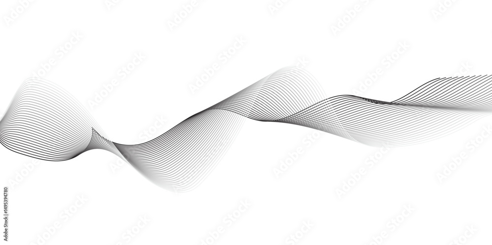 Fototapeta premium Create a minimalist abstract background featuring a smooth,monochrome wave pattern with fine gradient lines flowing across a white backdrop. The wave should appear elegant and dynamic, evoking a sense