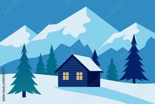 snow covered cabin in the alps with pine trees 