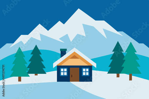 snow covered cabin in the alps with pine trees  .svg