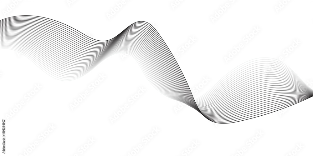 Fototapeta premium Create a minimalist abstract background featuring a smooth,monochrome wave pattern with fine gradient lines flowing across a white backdrop. The wave should appear elegant and dynamic, evoking a sense