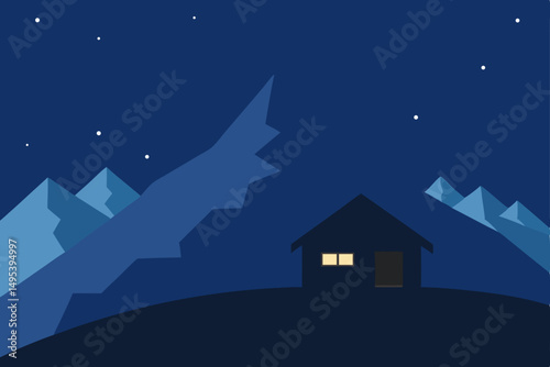 solitary mountain hut under a starlit sky  