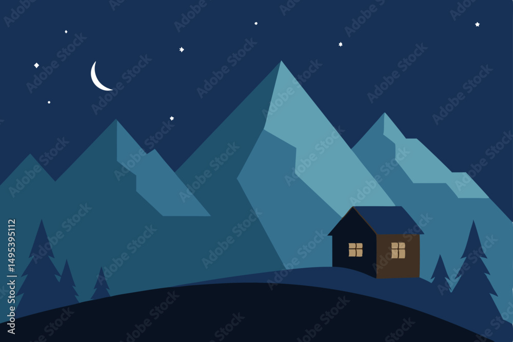 Fototapeta premium solitary mountain hut under a starlit sky .svg