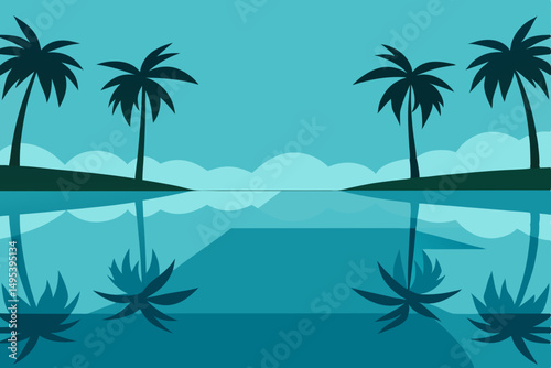 still lagoon with overhanging palms and clear 