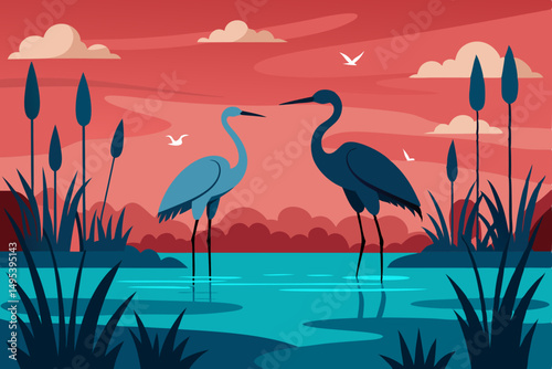 still marshland with herons standing in shallow 