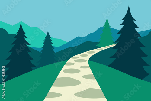 stone path through a mountain pass lined with pine 