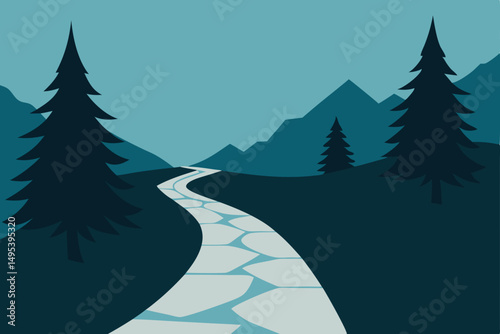 stone path through a mountain pass lined with pine 
