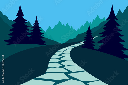 stone path through a mountain pass lined with pine.svg