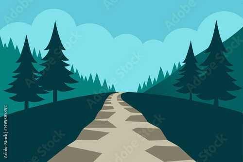 stone path through a mountain pass lined with pine 